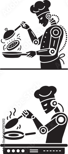 Black Vector Silhouette of Robotic Chef Arm Flipping Food on Frying Pan