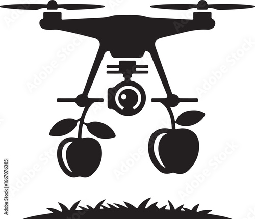 Black Vector Silhouette of Drone Harvesting Fruits from Tree