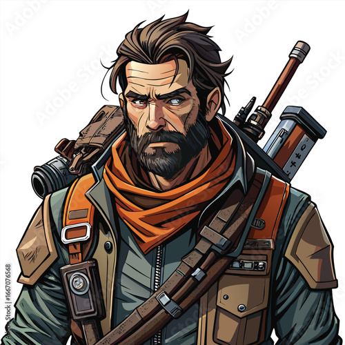 Rugged male adventurer with beard and rifle wearing a scarf and tactical gear