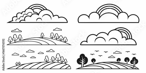 Stylized Landscape with Clouds and Rainbows