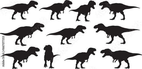 Vector silhouette illustration of multiple T-Rex dinosaurs in various poses, black dinosaur shapes on white background, prehistoric reptile, Jurassic era animal design