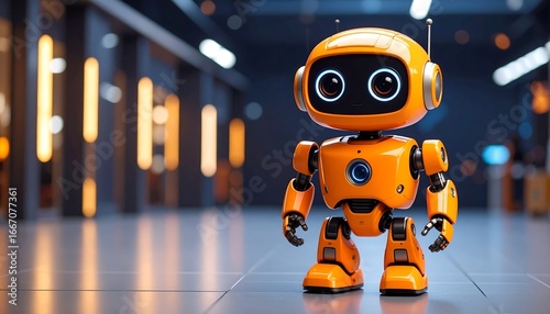 Cute Orange Robot in Modern Hall.