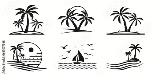 Tropical Beach Palm Tree and Sailboat Silhouettes