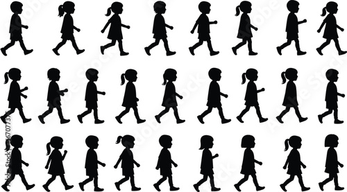 Silhouette vector illustration of children walking, side view of kids in motion, various poses of boys and girls, isolated on white background