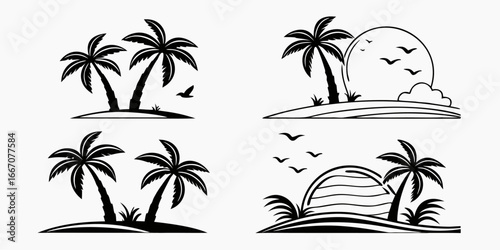 Tropical Island Palm Trees Sunset Silhouette Collection
