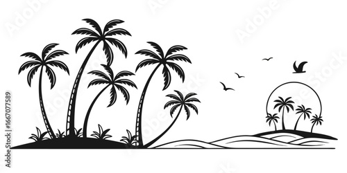 Tropical Island Palm Trees Silhouette with Birds