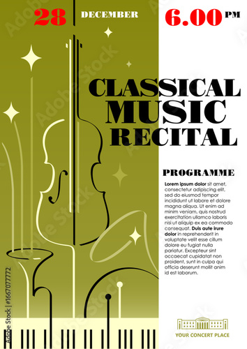 Classical music concert, recital, fest, competition poster concept template. Abstract line art draw of violin, trumpet, piano keys, drum and drum sticks. Stars and text typography	