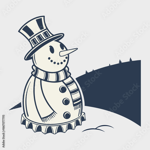 Snowman Flat Christmas Decoration, Celebration Event Christmas Icon Snowman Isolated Vintage Black Silhouette Graphic