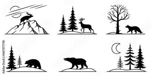Wildlife Silhouette Collection: Deer, Bear, and Fox in Natural Settings