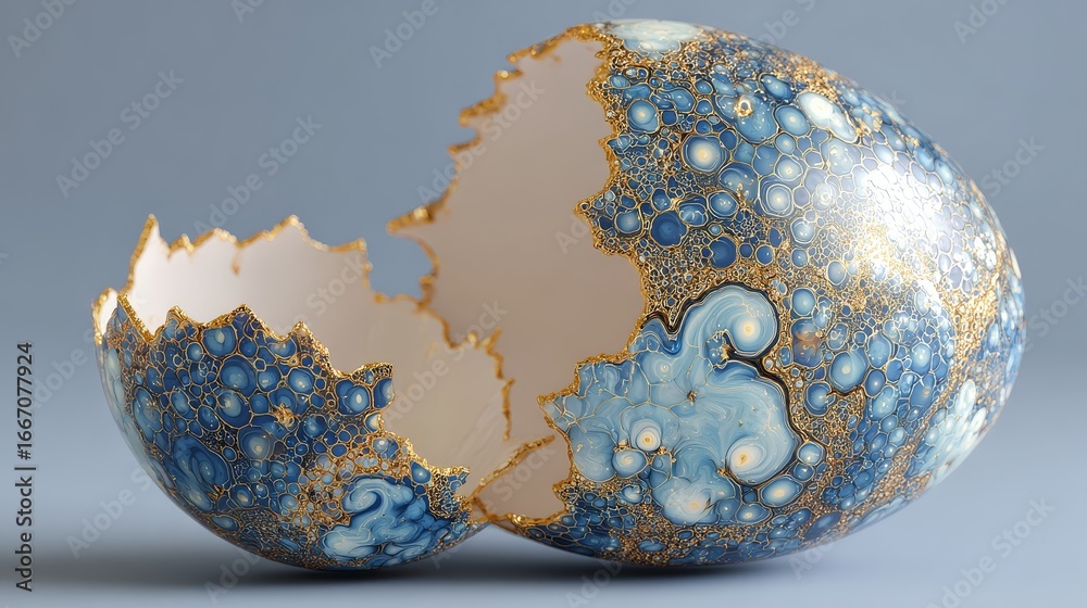 Fototapeta premium Cracked egg revealing galaxy-like swirl of blue and gold cholesterol molecules, abstract concept of health and nutrition