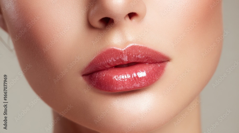 Obraz premium A woman presents her lips covered with a shiny lip gloss, highlighting a fresh and polished makeup style. The soft hues enhance her natural beauty effectively.
