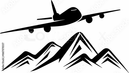 Silhouette of airplane flying over mountain range with sharp peaks in black and white illustration |  editable eps vectors