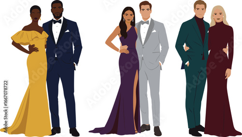 Elegant formal couple illustration, diverse fashionable men and women in evening attire, luxury event vector, red carpet style outfit collection.