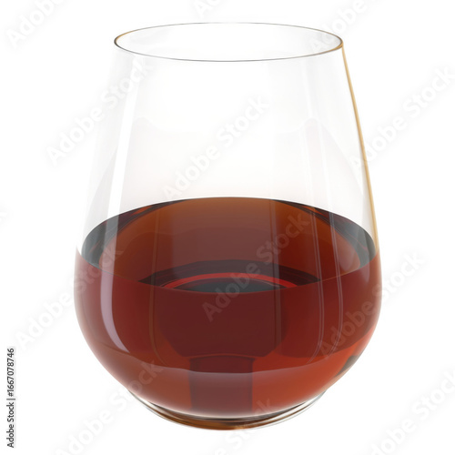 Clear stemless wine glass filled with amber liquid isolated on transparent background