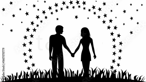 Silhouette of a couple holding hands under an arch of stars in a grassy field at night time scene |  editable eps vectors