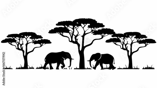 Silhouette of two elephants walking under trees in a savanna landscape illustration art design |  editable eps vectors