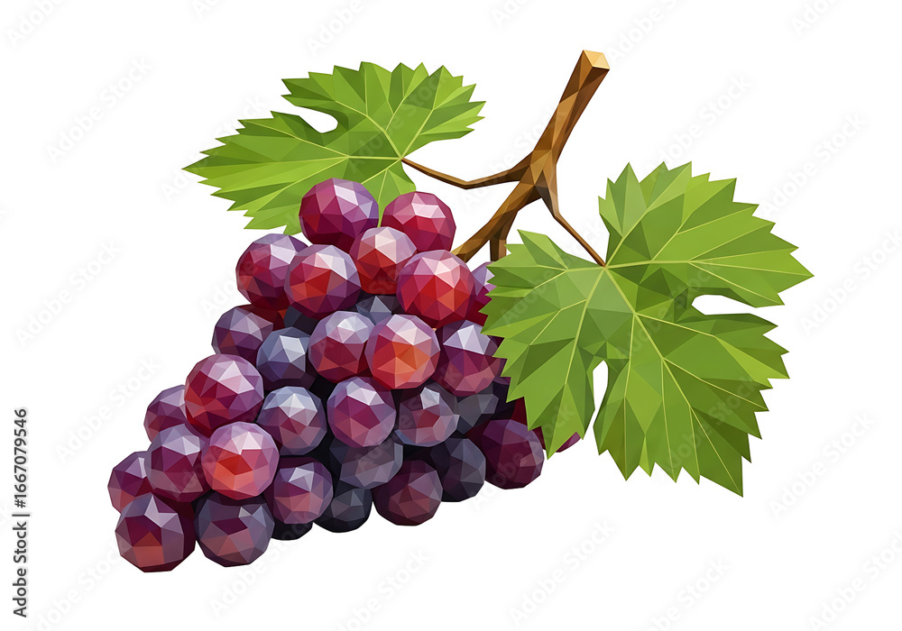 Obraz premium A polygon illustration of a bunch of red grapes with a leaf, featuring a dark background.