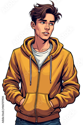 Young man in zip-up hoodie with casual style, looking confident on white background