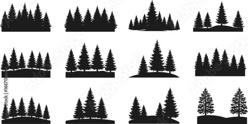 Set of pine tree silhouettes, forest vector icons, evergreen tree collection, nature landscape elements, pine tree shapes, woodland silhouettes, vector forest design