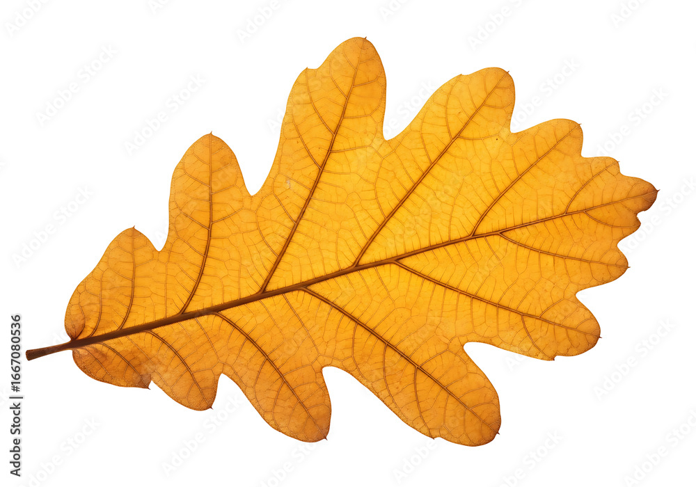 Fototapeta premium Close-up of a vibrant autumnal oak leaf, showcasing intricate vein patterns and a rich golden hue against a stark black backdrop.