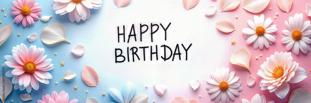 Fototapeta premium A beautiful image featuring colorful daisies, petals, and stars celebrating a birthday.