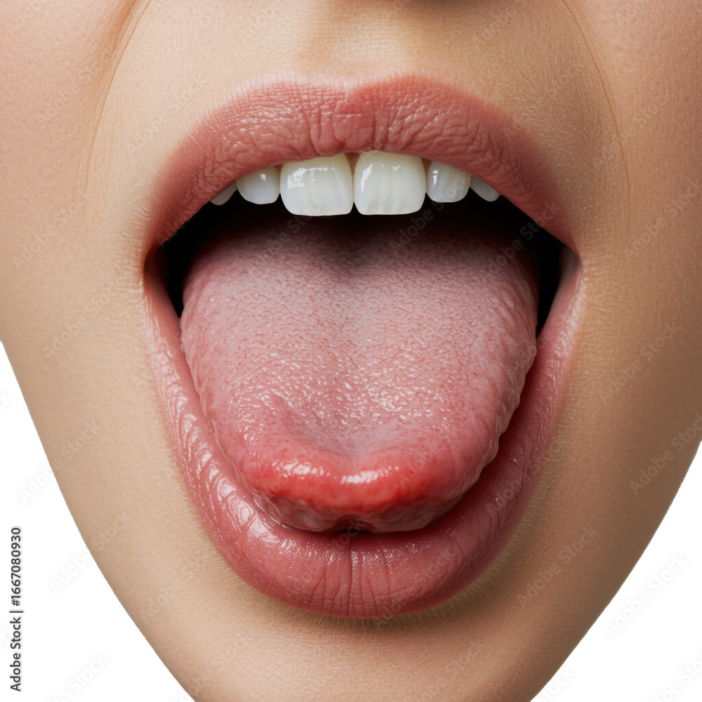 Obraz premium Extreme close-up of a human mouth with healthy lips slightly parted, a pink, moist tongue extended playfully and curled, isolated on a soft transparent background. Playful gesture concept
