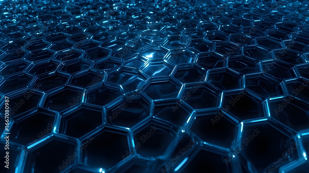Fototapeta premium Honeycomb Pattern with Glowing Neon Blue Lines – Gradual Bright-Dim Gradient, Metallic Texture, Velvety Black Surface, Soft Blue Reflections, Delicate Luminous Design