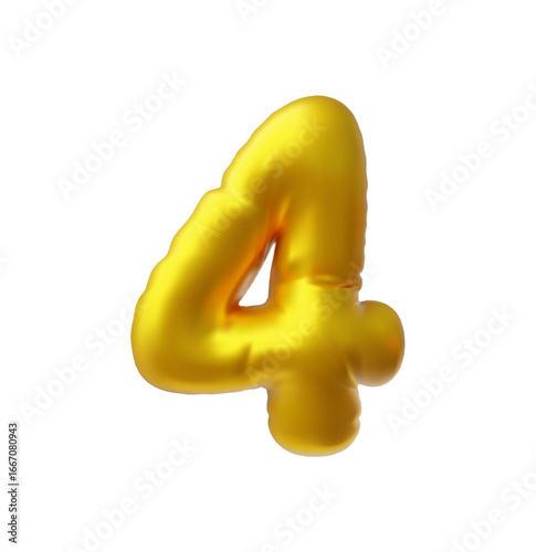 Realistic 3D volume gold foil inflated balloon number four, vector numeric symbol 4 typing odd count symbol air balloon