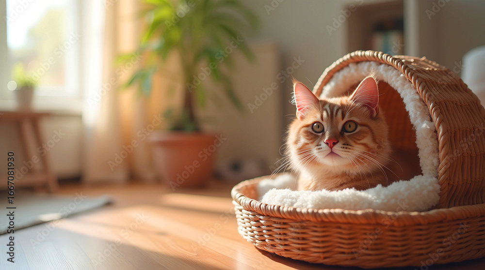 Naklejka premium Young ginger cat sleeps in wicker basket with white cushion on wood floor near plant and sun lit window. Ideal for pet brands and home style blogs.