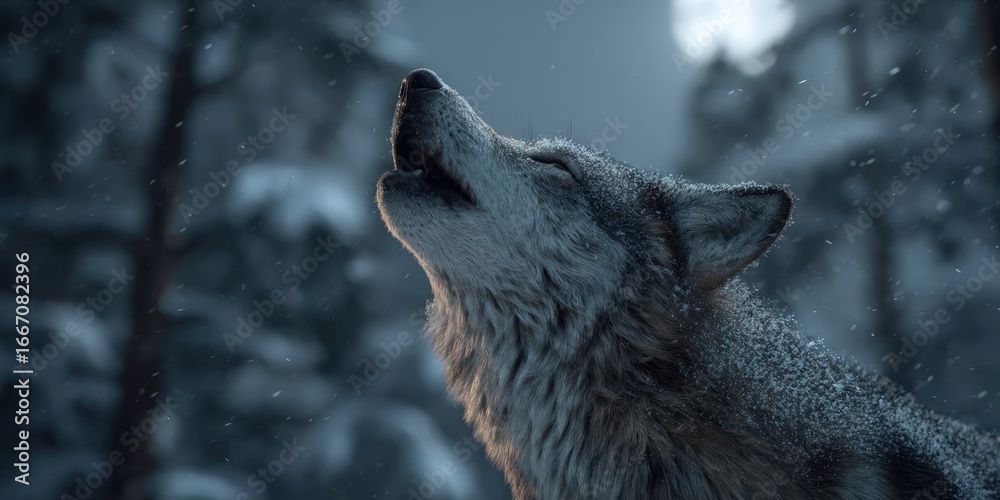 Obraz premium Majestic Wolf Howling at the Moon in Snowy Winter Forest Night