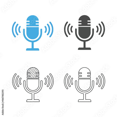 Set of microphone icons with sound waves isolated on white background