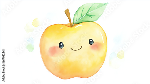 watercolor yellow apple with leaf