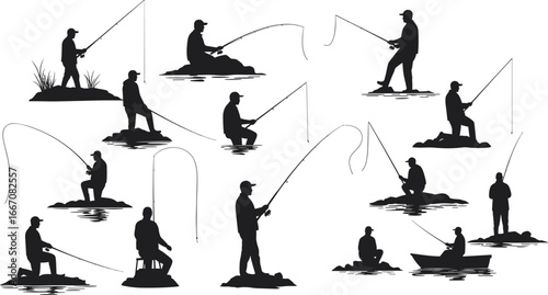 Fishing silhouettes collection, men fishing vector illustration, lake and river fishing poses, fishermen sitting and standing with rods, outdoor leisure activity