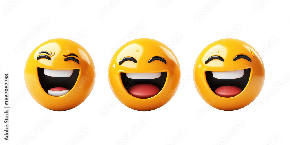 Fototapeta premium Three smiling yellow emojis render on transparent png background