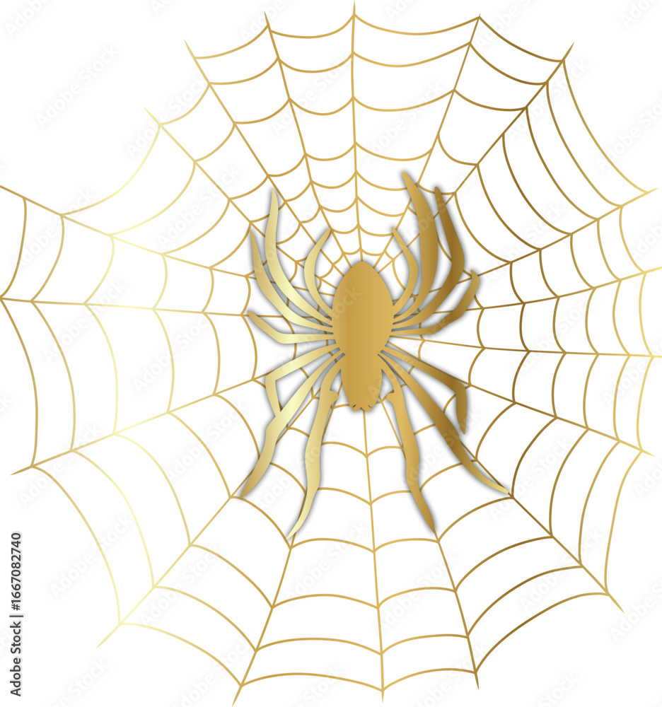 Fototapeta premium Elegant golden spider on a web with shiny metallic effect, perfect for Halloween designs, invitations, posters, backgrounds, and spooky decorative elements.