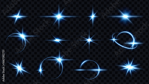 Set of blue light effect lens flares and stars with glow light, for graphic design overlay or transparent background concept.
