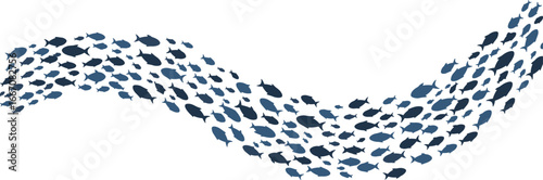 Wave pattern of swimming fish silhouettes, marine animal vector illustration, ocean wildlife background, sea life group movement design in blue aquatic tones