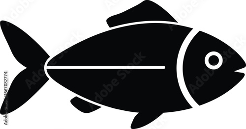 Black simple fish silhouette vector, aquatic animal icon design, minimalist sea life illustration, marine fish symbol isolated