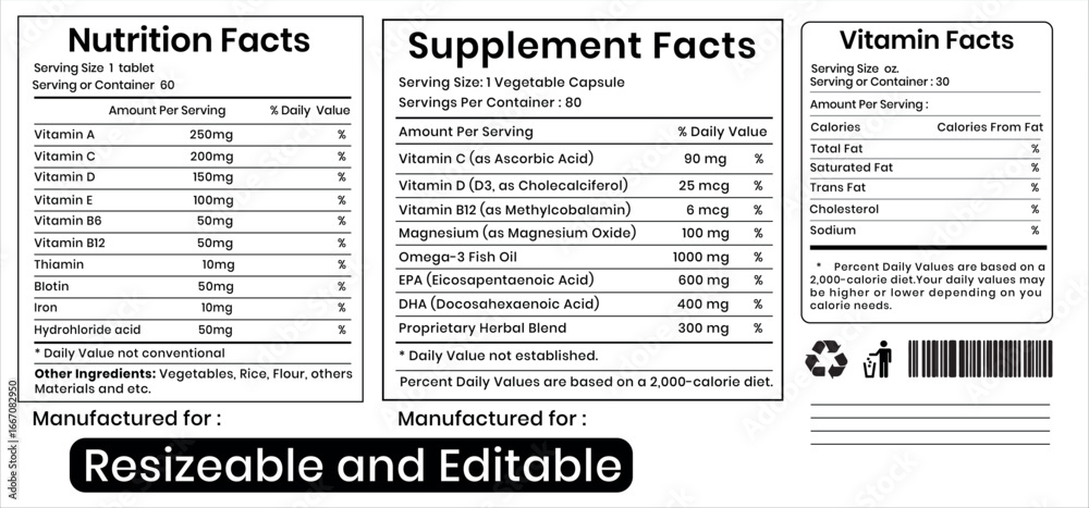 Fototapeta premium Editable Vitamin and Suplement Fact Templete, Editable Nutrition Facts Templete. US FDA Standard. Food packaging