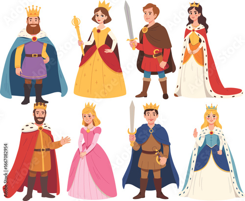 Cartoon Royal Family Characters in Medieval Costumes with Crowns, Capes, and Swords for Fantasy Storybook, Animation, and Educational Design