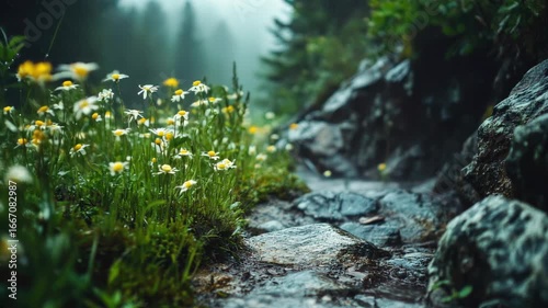 serene landscape featuring a rocky stream surrounded by wildflowers. The scene is shrouded in mist, creating a tranquil atmosphere in nature.