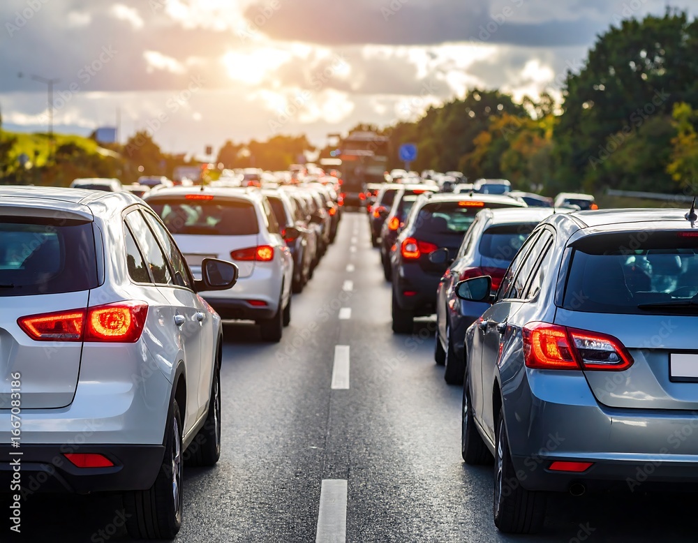Fototapeta premium Highway traffic jam at sunset