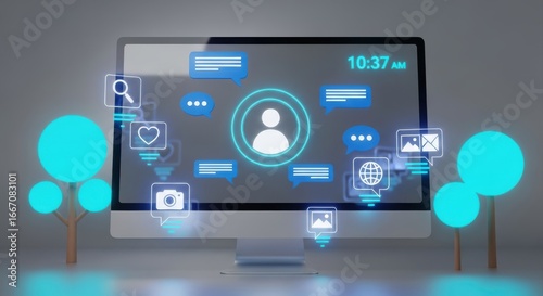 Wallpaper Mural Modern computer screen displaying futuristic user interface with glowing icons and data Torontodigital.ca