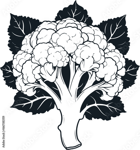 Organic cauliflower vector set, simple black ink line art, curd head and leaves, minimalistic vegetable illustration, perfect for packaging design 1