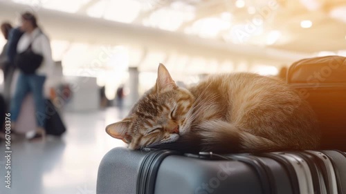 tabby cat sleeps on a suitcase in an airport terminal. People walk in the background, creating a busy travel atmosphere