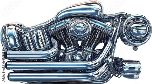 Side View of a Shiny Chrome Motorcycle Engine with Fuel Tank and Exhaust System on White Background