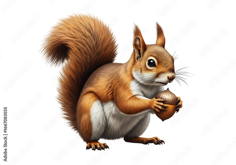 Obraz premium A detailed illustration of a squirrel holding an acorn, showcasing intricate fur textures and a warm color palette against a black background.