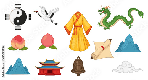 Illustration of various medieval weapons including swords axes bows and a helmet on a white background