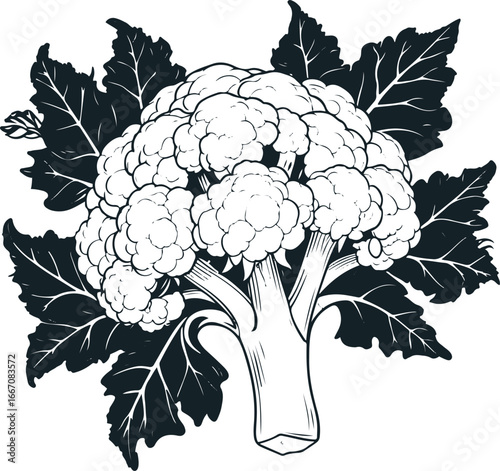 Organic cauliflower vector set, simple black ink line art, curd head and leaves, minimalistic vegetable illustration, perfect for packaging design 2