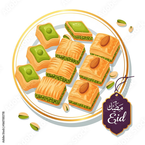 Eid Delights: An illustration of delectable baklava, adorned with nuts, and exquisitely arranged on a plate, a true festive treat.